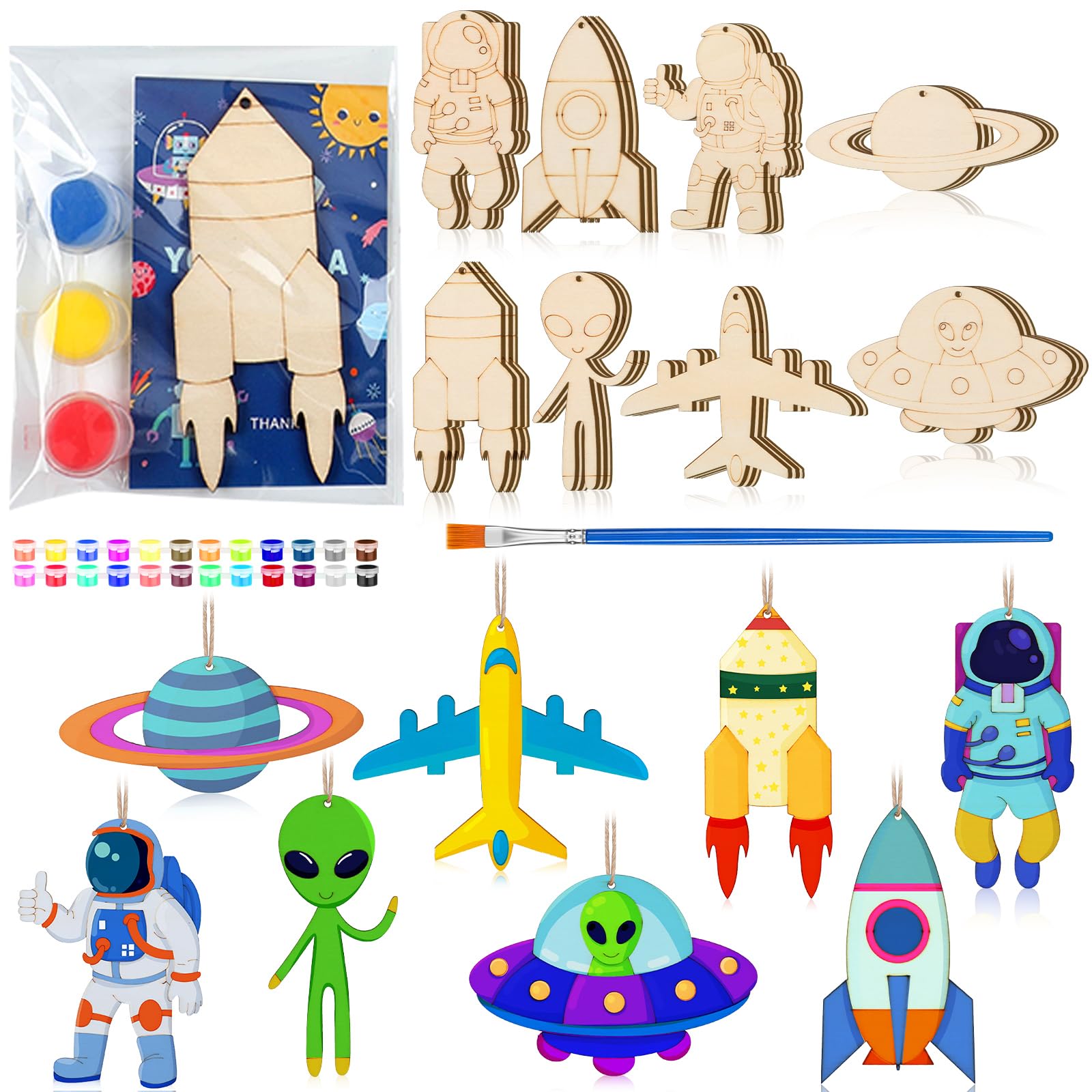 JellyArch 24 Set Space Party Favors Space DIY Craft Kits Supplies Astronaut Unfinished Wood Cutouts Wooden Coloring Crafts Thank You for Coming Gifts