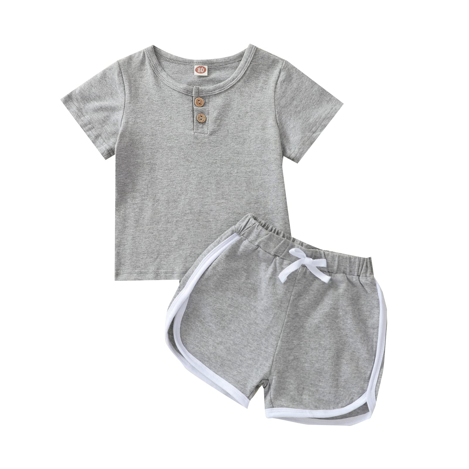 Thorn Tree Toddler Girl Boy Clothes Set Solid Cotton Top Strip Shorts Baby Workout Play Wear Sports Outfits Unisex Set (Gray, 6-12 Months)