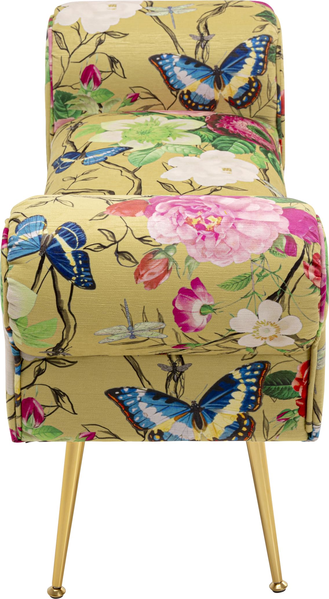 Kare Design Panca Wing Flower Fever, giallo, 54x100x35 cm, panca imbottita con gambe finitura ottone, motivo floreale, panca stretta per ingresso, legno massello di pino, Flower-Fever, soggiorno