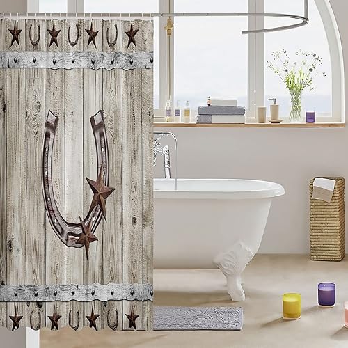 Miniatura 3 de Western Texas - Cortina de baño de 72 pulgadas de ancho x 72 pulgadas de largo, cortina de ducha rústica con estrellas de granja de herradura,