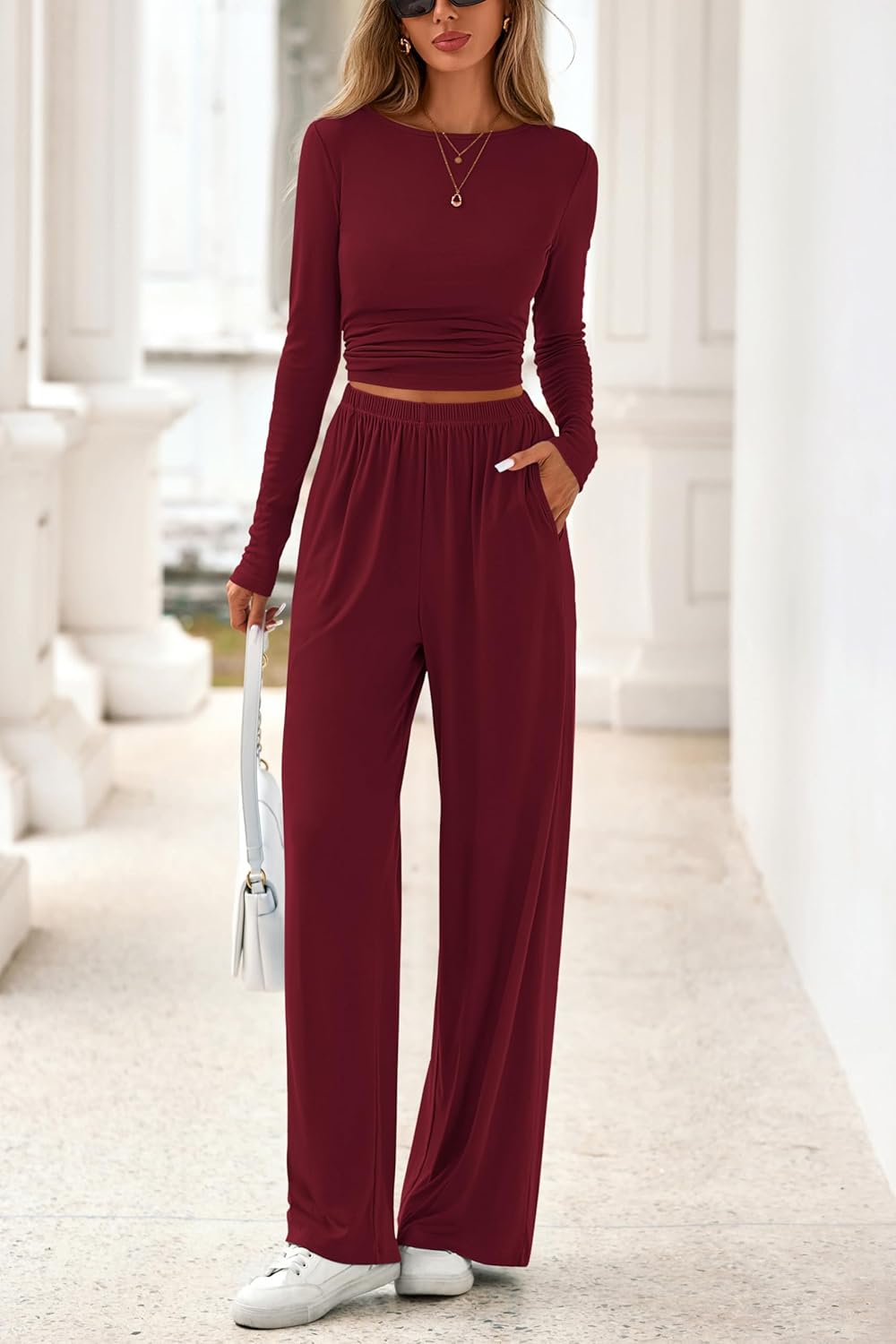 PRETTYGARDN Two Piece Lounge Sets For Women 2025 Casual Long Sleeve Shirts Wide Leg Pants Tracksuit Workout Matching Set - Image 4