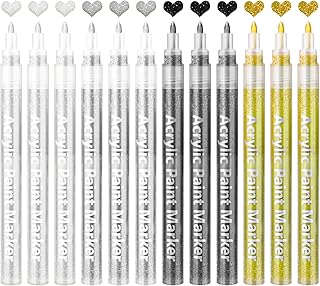 Hengxinc 12 PCS Metallic Marker Pens 0.7mm Metallic Pens Permanent Paint Pens Acrylic Markers Gold White Black Silver Pens Metallic Set Metallic Pens for Scrapbooking Rock Wood Easter Christmas Cards