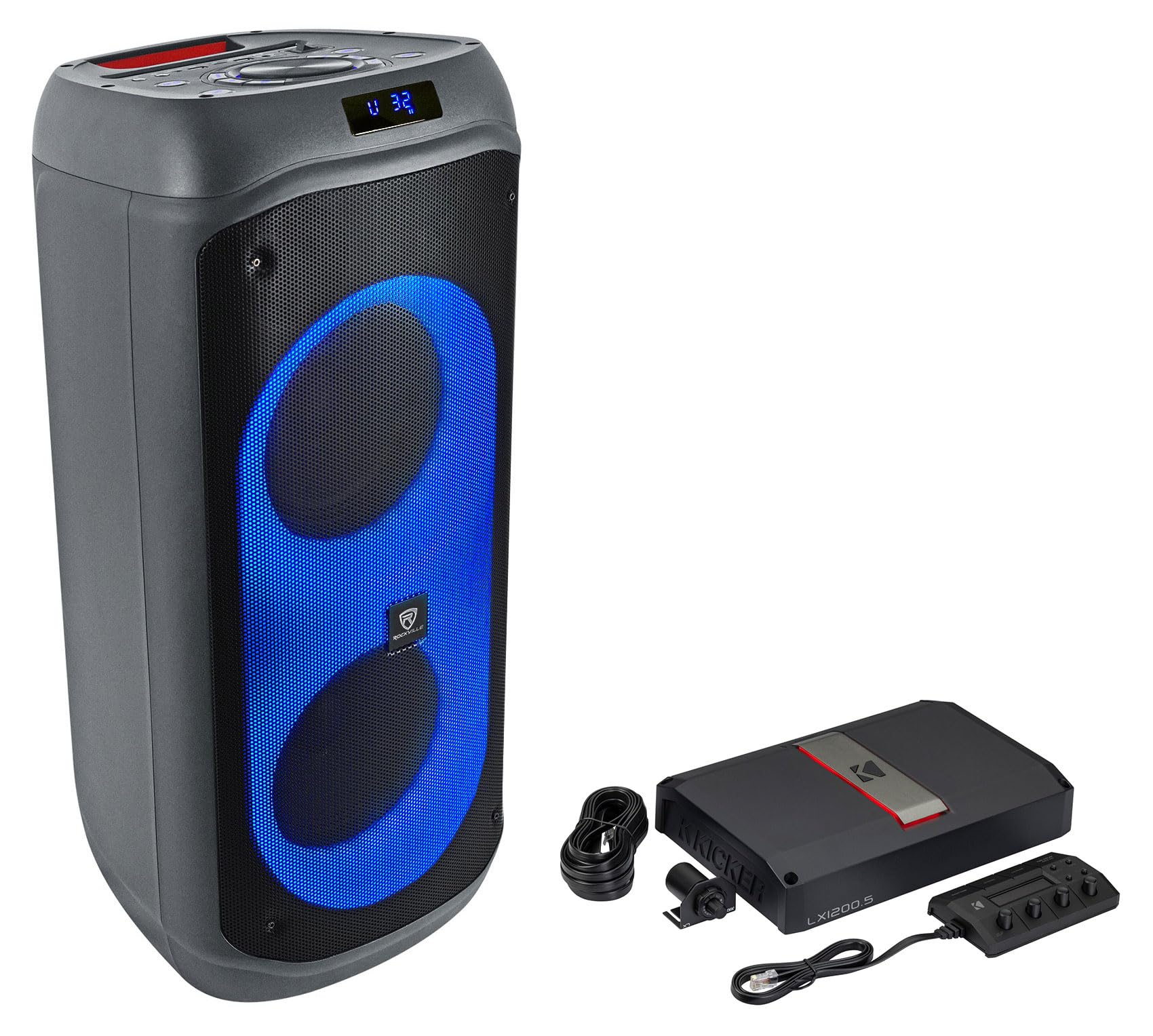 Audiosavings Bundle: Kicker 51LX12005 5-Channel Car Stereo Amplifier Class D Amp LX1200.5 Bundle with Rockville BASS Party 8 Dual 8