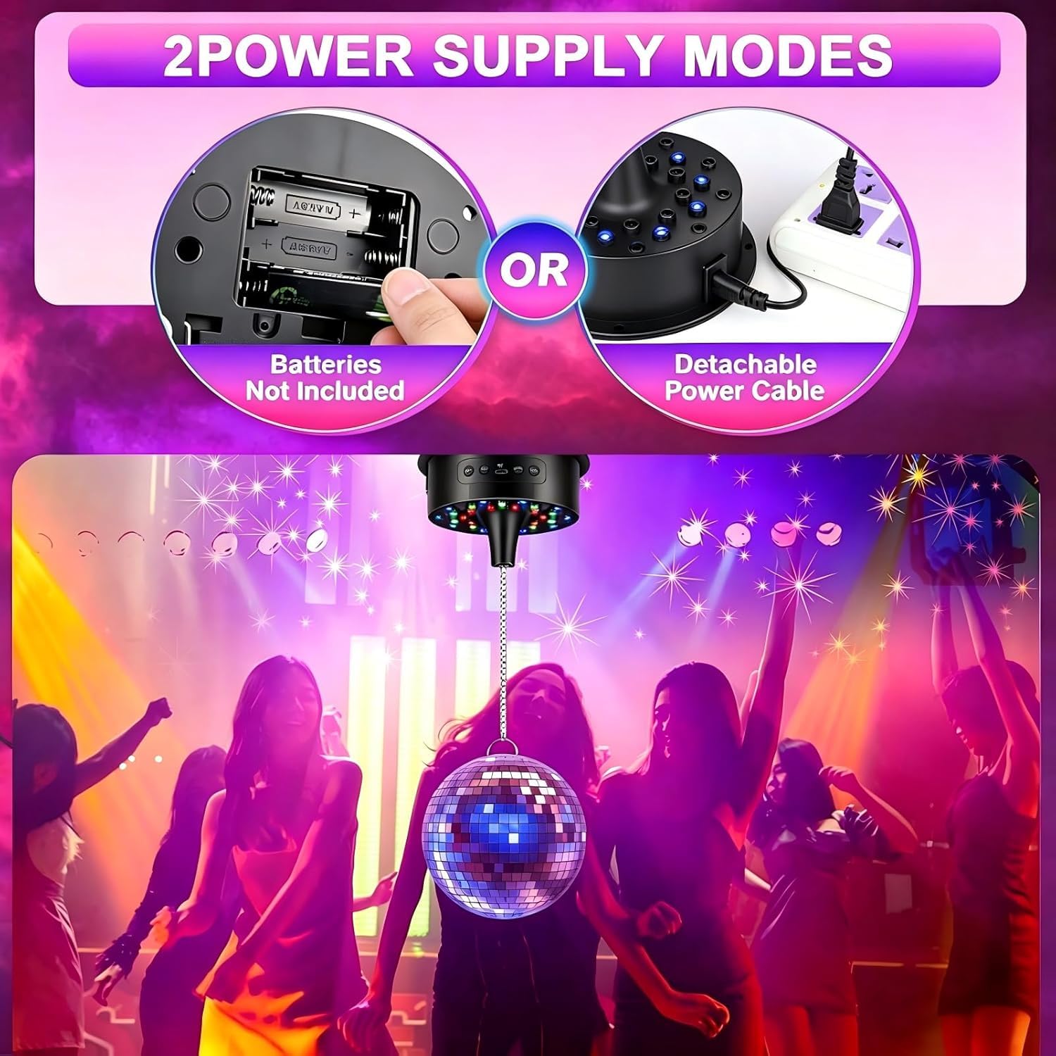 Moteur Boule Disco avec Télécommande, Boule à Facette Base 30 LED, Jeux de Lumiere pour Soiree, Lumiere DJ, Lumière Ambiance, 5 Vitesses, Piles/Câble, Projecteur Soiree Fête