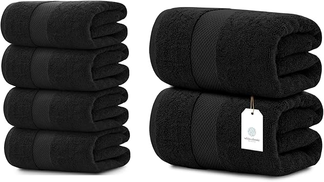 White Classic 4 Luxury Black Bath Towels 27 x 54 and 2 Luxury Bath Sheet Towels 35 x 70 | Cotton, Highly Absorbent and Quick Dry for Hotels, Spa and Bathroom