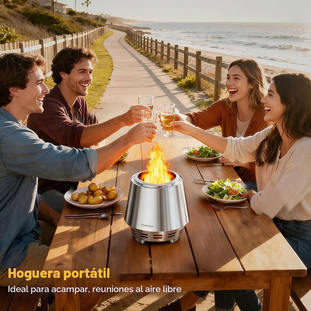 FANHAO Brasero Exteriores, Brasero sin Humo SUS304 Acero Inoxidable Mini Chimenea de Mesa Cesta para Fuego Barril de Fuego con Soporte Bolsa de Almacenamiento, Apto para Acampar y Uso al Aire Libre