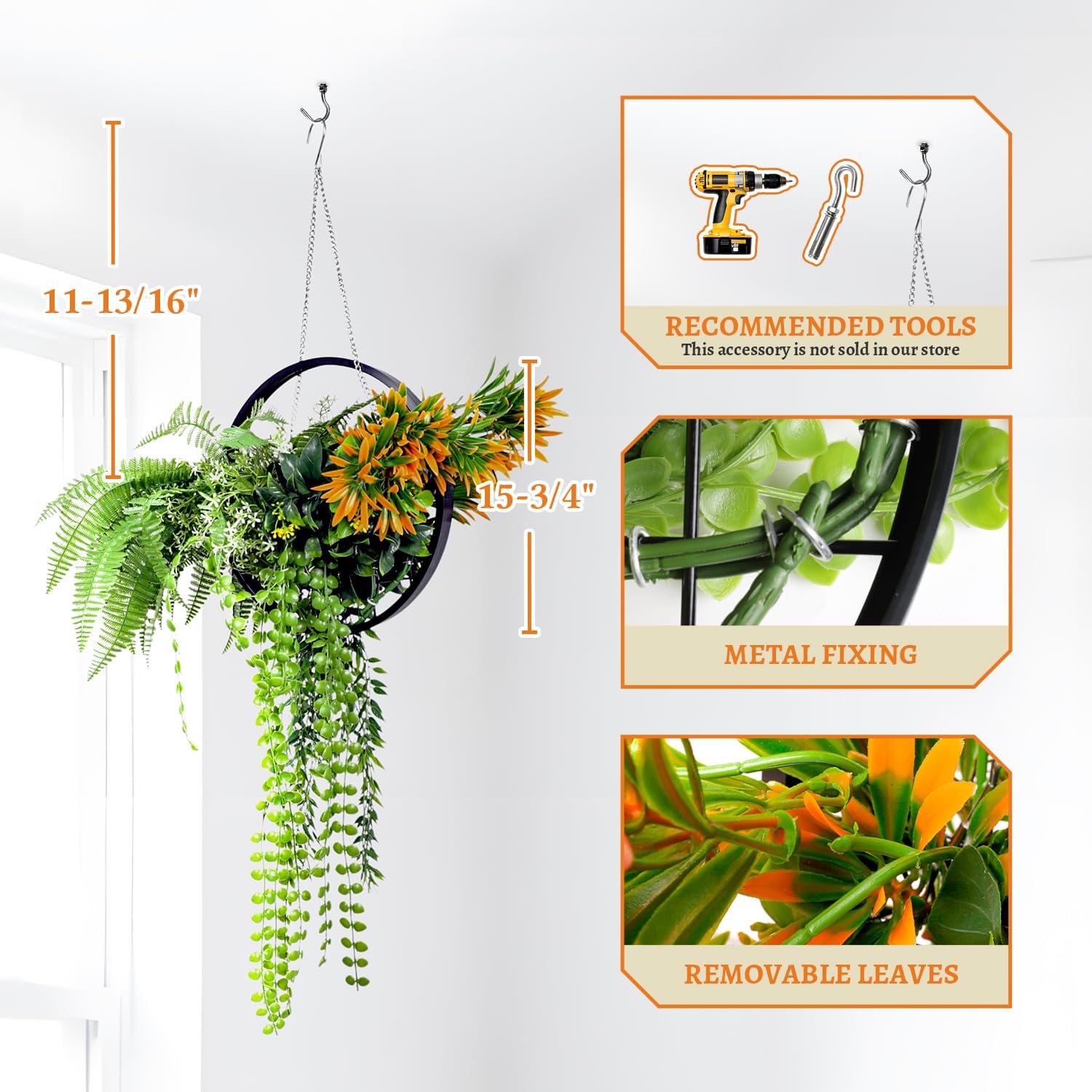 1 Pack Artificial Faux Hanging Plants with Black Frame Fake Greenery Flowers with Adjustable Chaining for Home Balcony Yard Patio Indoor Outdoor Wall Decor (Green Orange)