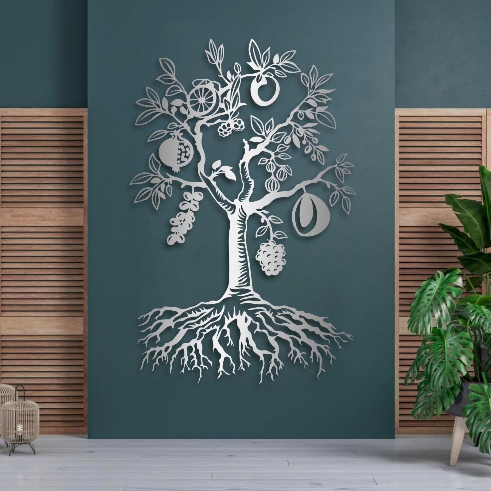 Schwarze Metall-Wandkunst mit Früchten, christliche Wanddekoration aus Metall, Wanddeko für Flur, Wohnzimmer, Schlafzimmer, Flur und Treppenhaus, Natur-Wohndeko (Schwarz, 104 cm hoch)
