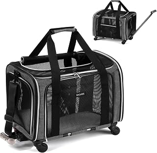 BAGLHER Dog Carrier Bag with Wheels,Airline Approved Soft Side Pet Travel Rolling Small Medium Dog Carrier with Fleece Pad for Hiking Picnic Grey