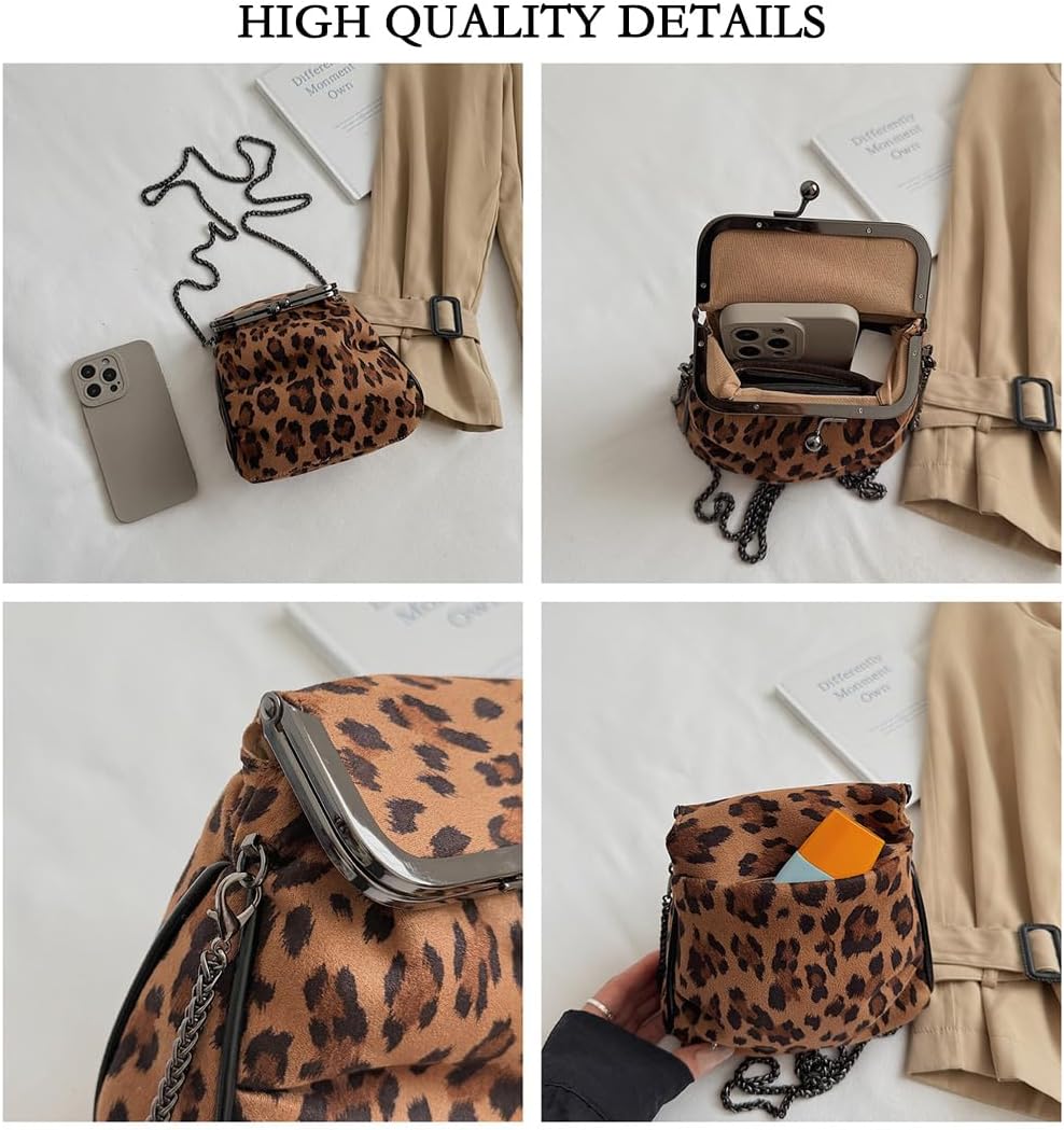 Small Leopard Suede Crossbody Bag Cheetah Print Faux Suede Kiss Lock Evening Clutch Purse with Chain Satchel Handbag