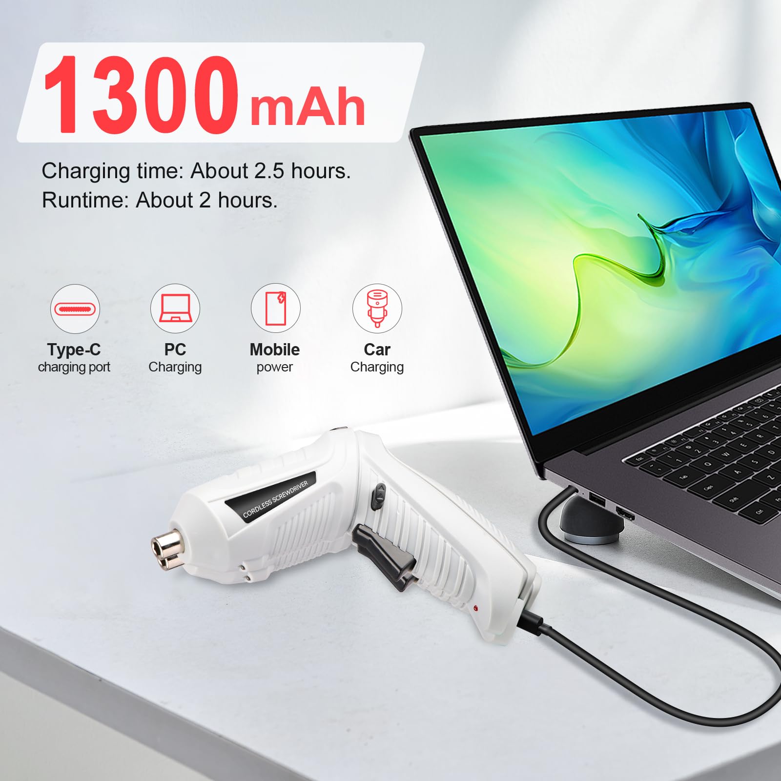 Mini Avvitatore a Batteria 3.6V: 47 pezzi Cacciavite a Batteria 1300mAh Ricaricabile USB, 2 Posizioni 90°-180°, Giravite elettrico con Coppia 3.6Nm, Luce LED, Ideale per Casa e Montaggio Mobili Nero