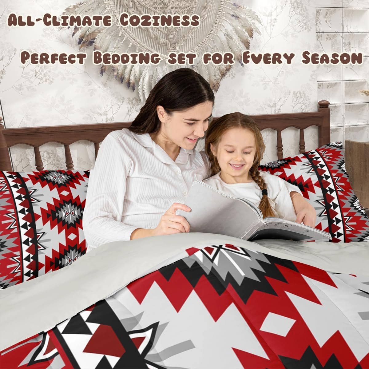 jejeloiu Kids Boho Western Bedding Set Soft for Boys Girls, Bohemian Southwestern Comforter Set Queen Size Aztec Decor Duvet Quilt Farmhouse Country Bedroom 3 Pcs with 2 Pillow Cases - Image 6