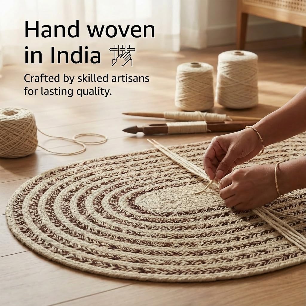 Cotton Braided Rug - 2' X 3' Beige and Brown Oval Woven Farmhouse Rug for Bathroom - Braided Minimalist Rugs for Kitchen - Rustic Primitive Rugs for Entryway