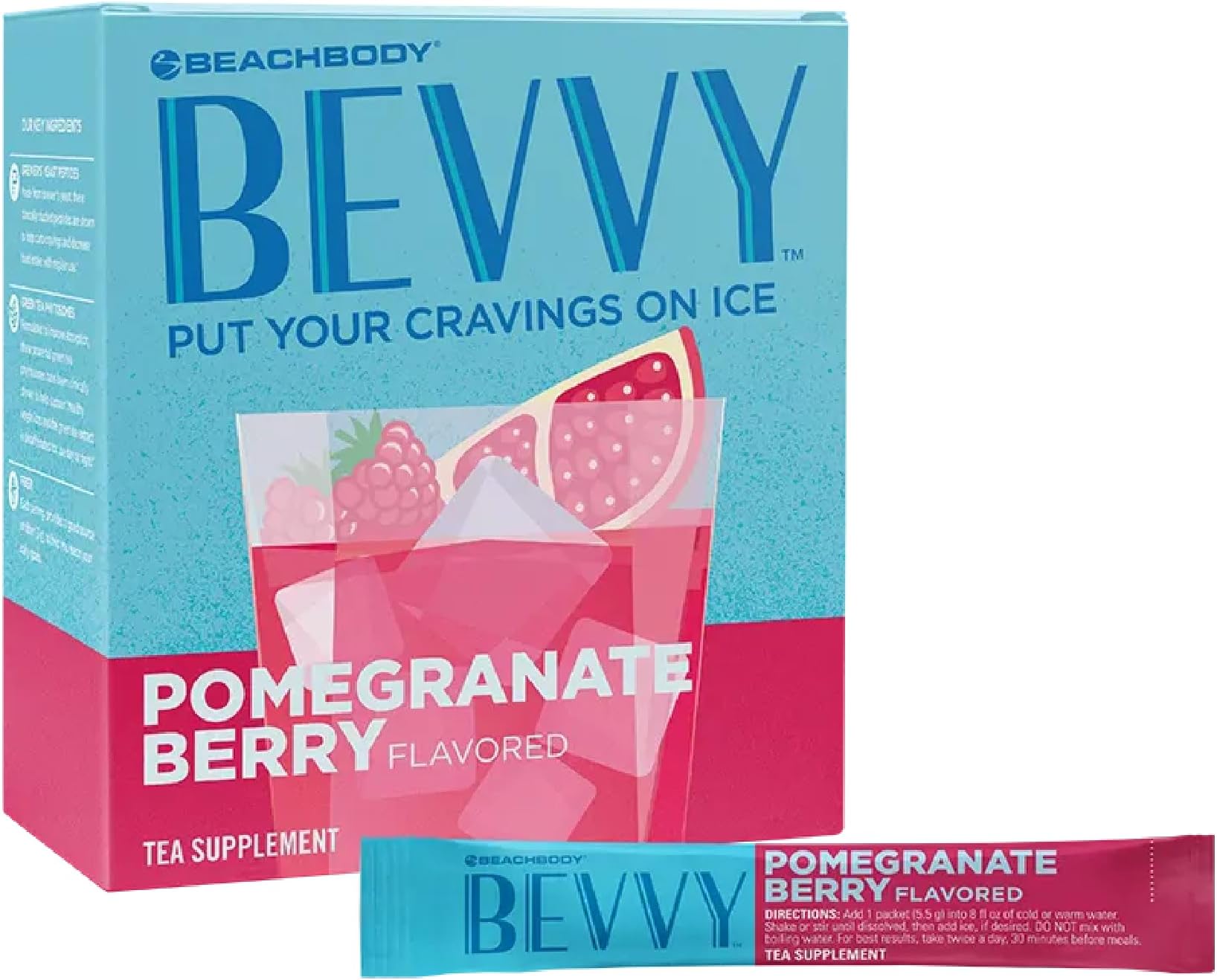 BODi Bevvy Pomegranate Berry Iced Tea Supplement with Fiber, Low-Caffeine Cravings Control, No Artificial Preservatives, Plant-Based, Gluten-Free, Dairy & Soy-Free - 40 Servings
