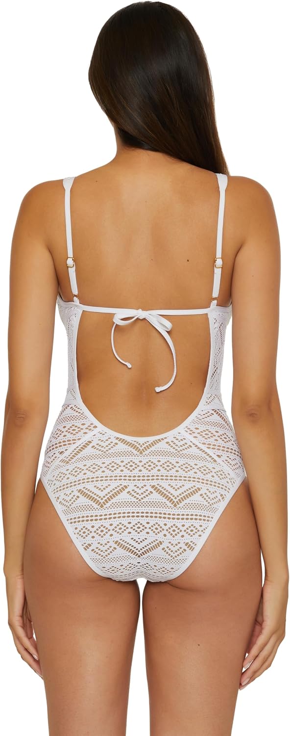 Size Medium BECCA Color Play One Piece Swimsuit, Plunge Neck, Crochet, Bathing Suits for Women