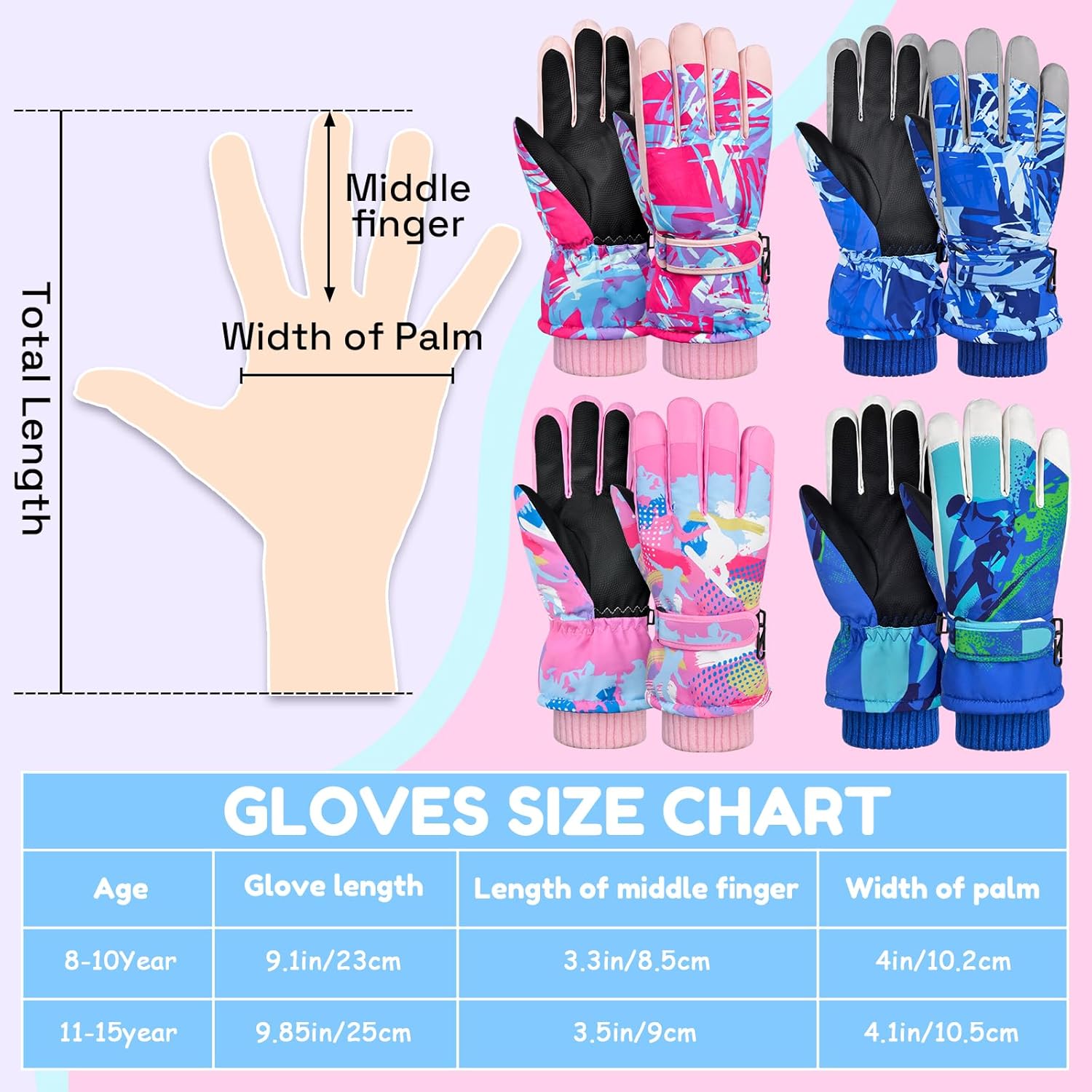 Kids Gloves Winter Girls Snow Gloves Boys with Touchscreen Waterproof Ski Winter Gloves Outdoors Warm for Children for 8-15 Years Old - Image 3