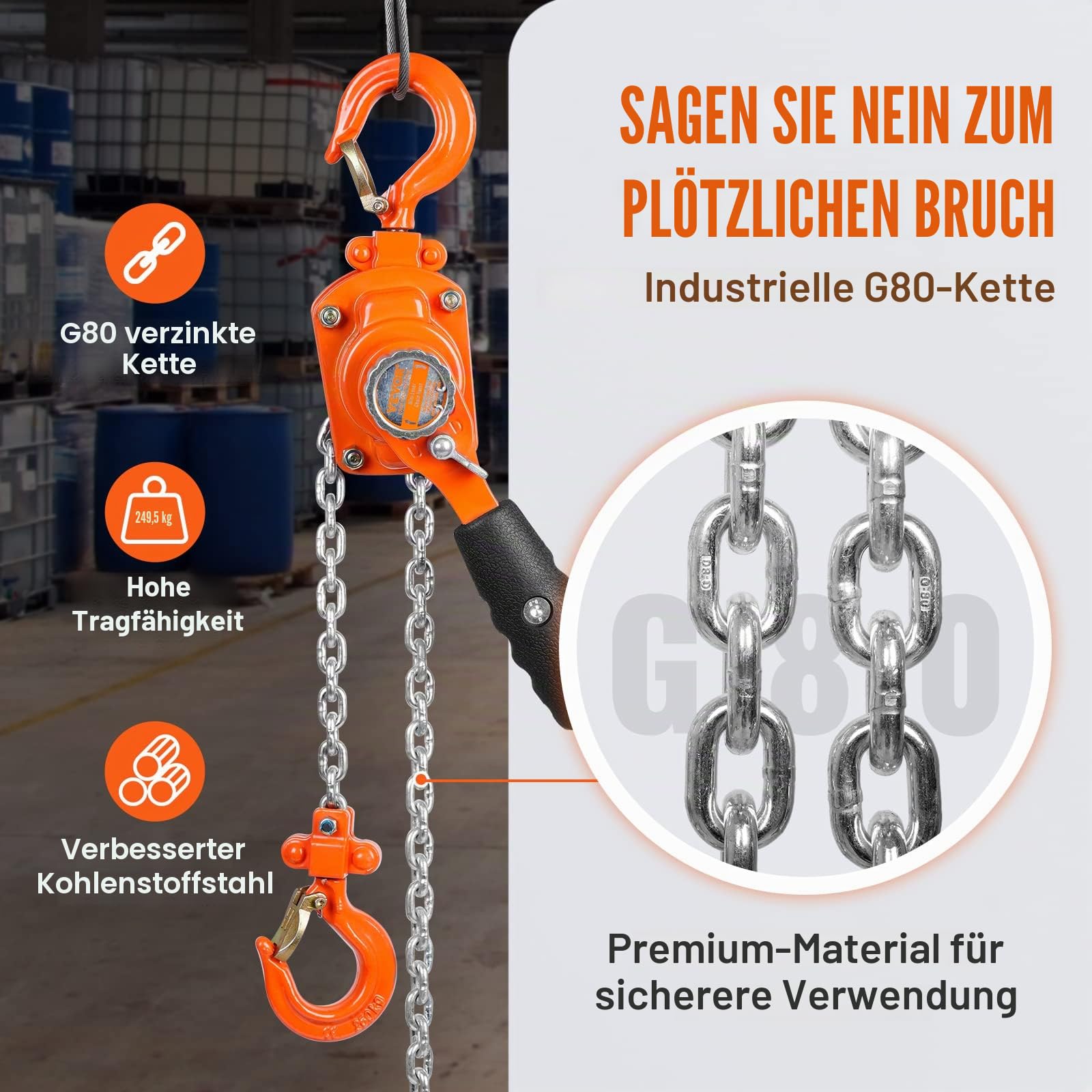 VEVOR Mini Hebelzug 0,25T Tragfähigkeit Kettenzug 260N Zugkraft Flaschenzug 2,80m Hubhöhe Ratschenzug Hebezug aus Stahl G80-Kette Weston Doppelklinkenbremse 360° drehbarer Haken Handkettenzug