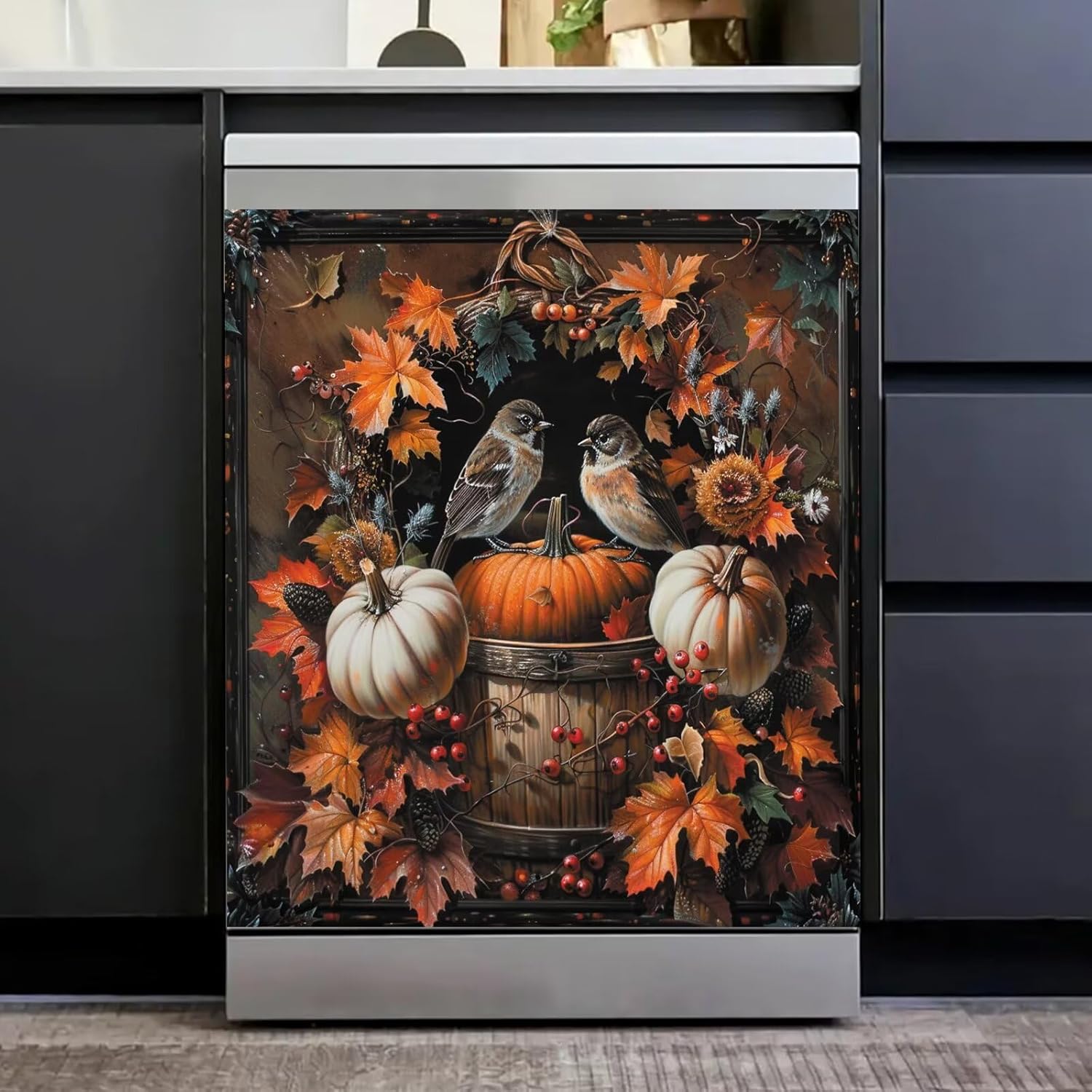 Pumpkin and Birds Magnetic Dishwasher Decorative Cover,Retro Maple Leaf Home Appliance Panel Sticker,Personality Magnet Door Decal Kitchen Decor 23"" x 26"" Magnetic