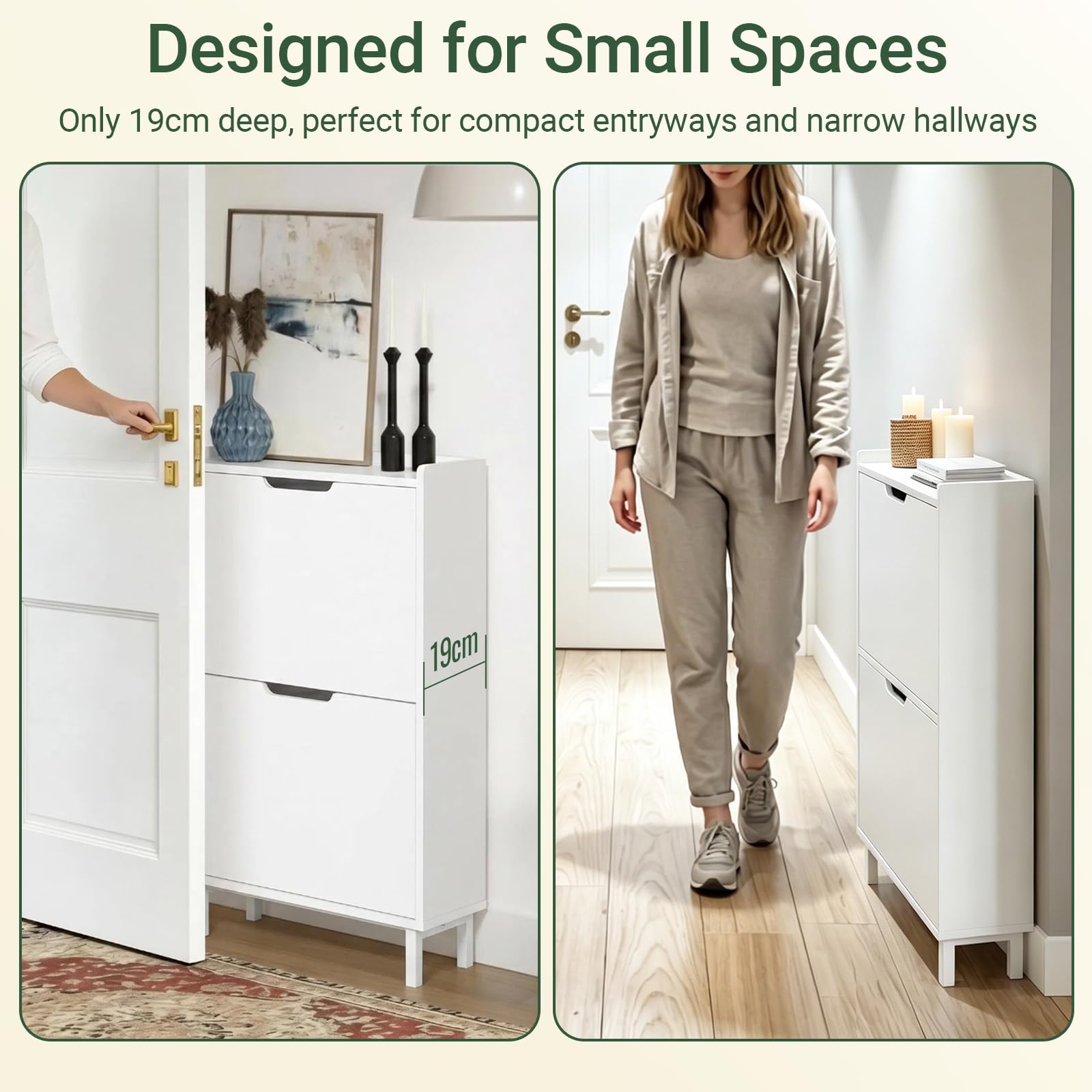 SoBuy Zapatero Estrecho Blanco con 2 Solapas Mueble Zapatero Entrada Recibidor, Armario Zapateros Estrecho de Madera para Pasillo Estrecho y Entrada, 50x19x91cm, Blanco，FSR151-W
