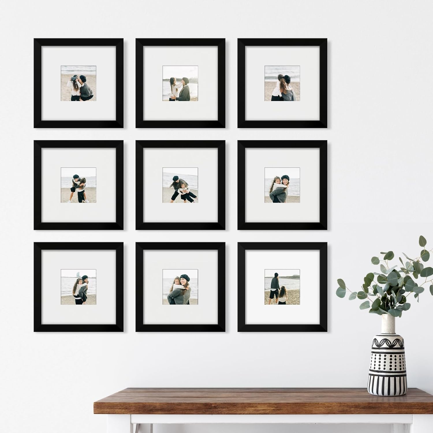 8x8 Picture Frame Set of 9, Photo Gallery Wall Frame Set, Display Pictures 4x4 with Mat or 8 x 8 Without Mat, Square Frame Picture Frames Collage Wall Decor, Black