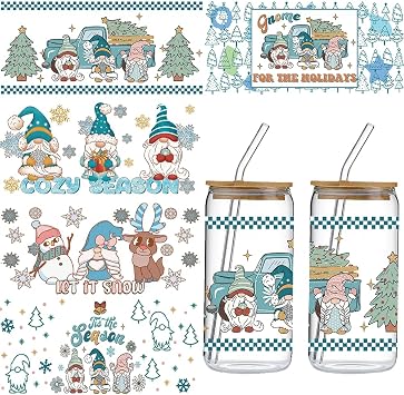 5 Sheets Christmas UV DTF Cup Wrap Stickers for Glass Baby Blue Color Xmas Uvdtf Transfer Sticker Cute Santa Claus Dwarf Snowman Waterproof Rub on Transfer for Crafting 16oz Glass Cup Furniture Craft