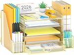 SUPEASY Mesh Desk Organizer with File Holder 5-Tier Paper Letter Tray Organizer with Magazine Holder Desktop Organizer and Storage with Upright Sections for Office Supplies Home or School (White)