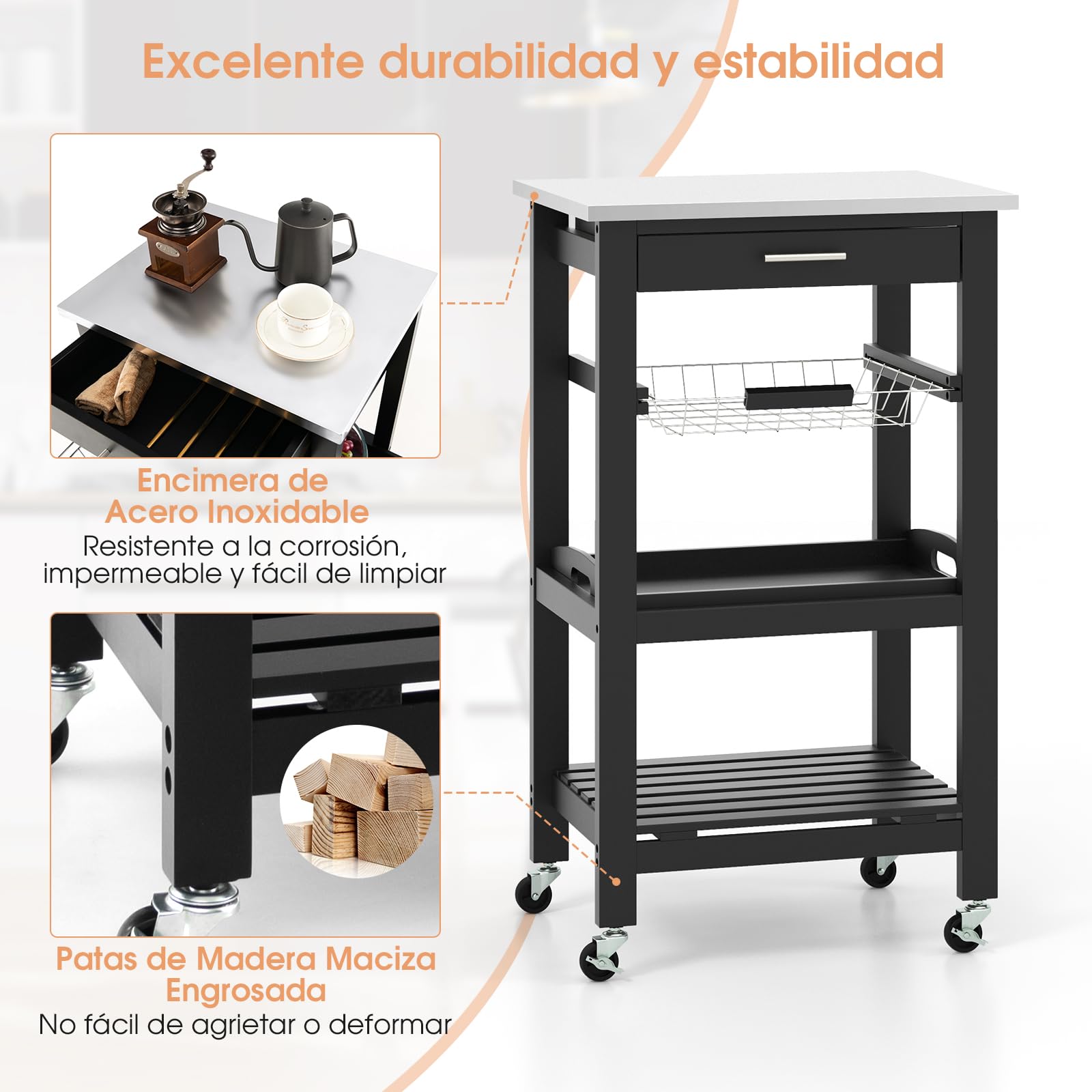 Giantex Carrito de Cocina 4 Niveles, Carro de Servicio con Encimera de Acero Inoxidable, Cajón, Canaseta, Bandeja y Estante Abierto, 47x39x85cm, Mueble Auxiliar para Cocina, Comedor, Salón (Negro)