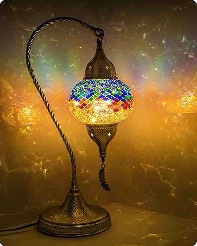 Yarra-Decor Lámpara de mesa de mosaico turco marroquí con base de bronce, 3 opciones de color, hecha a mano, cuello de cisne, mosaico Tiffany,