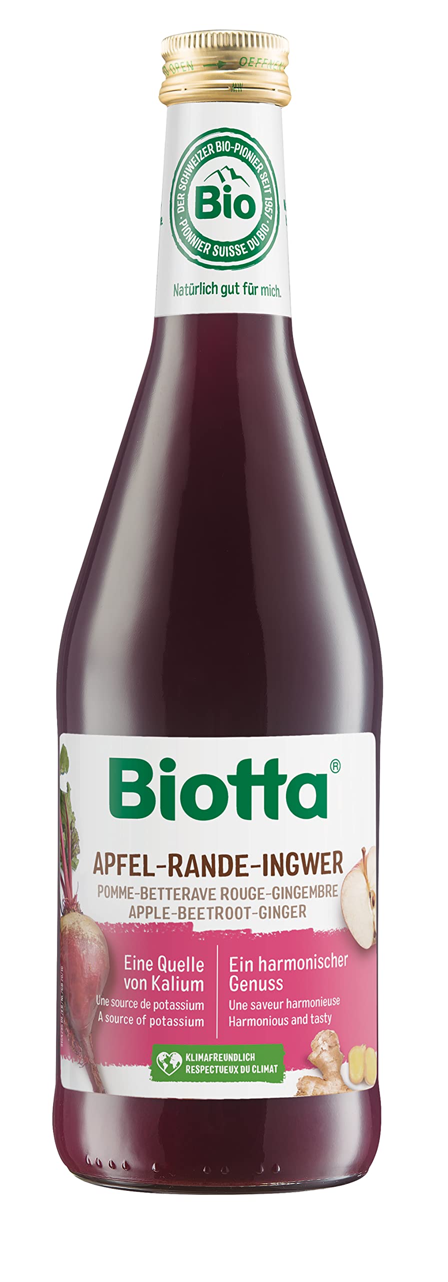 Biotta Apple, Beetroot and Ginger Juice | Organic | Natural source of Potassium | Contribute to the normal maintenance of normal blood pressure | Not from concentrate | 500ml