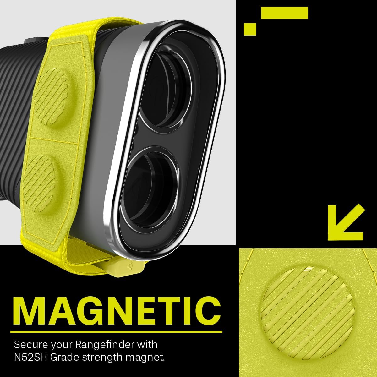 MAG-iT Magnetic Golf Range Finder Strap Designed for AirTag (1st & 2nd Gen) – GPS Tracker Holder Compatible with Find My App – Magnetic Mount for Golf Cart – Neon Yellow