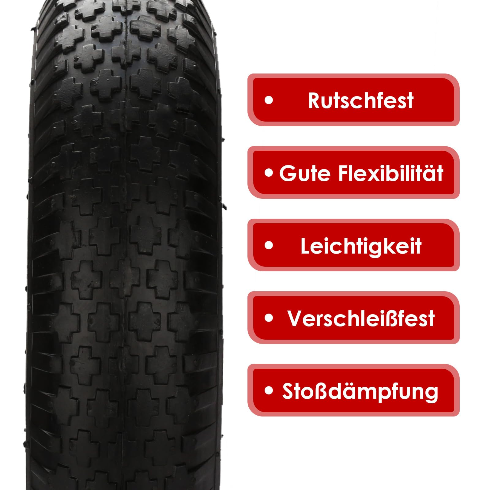 Schubkarrenrad luftbereift 4.80/4.00-8 Ø 390mm, PU Gummirad mit Achse, 200 kg Tragkraft Ersatzrad, Reifenbreite 95 mm für Schubkarre Gartenkarren, Schwarz/Rot 4pcs