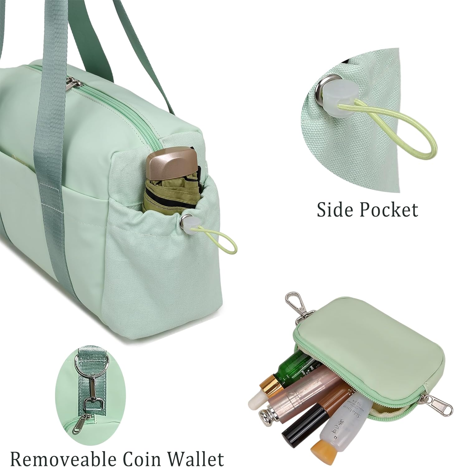 Everyday Mini Gym Bag for Women 2.0, Small Tote with Zipper Compartment Waterproof Travel Duffle Cute Handbag Workout Carry On with Removeable Shoulder Strap & Coin Wallet Easy to Clean - Green - Image 5