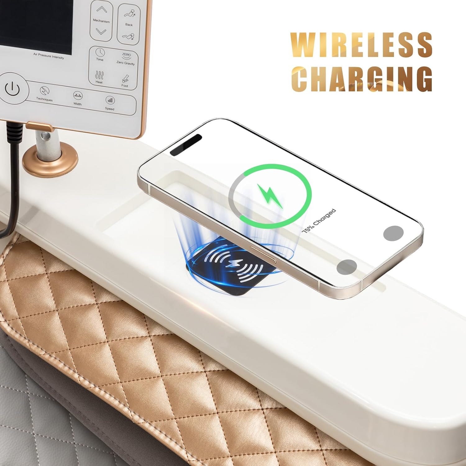 Smartphone wirelessly charging on the massage chair's armrest