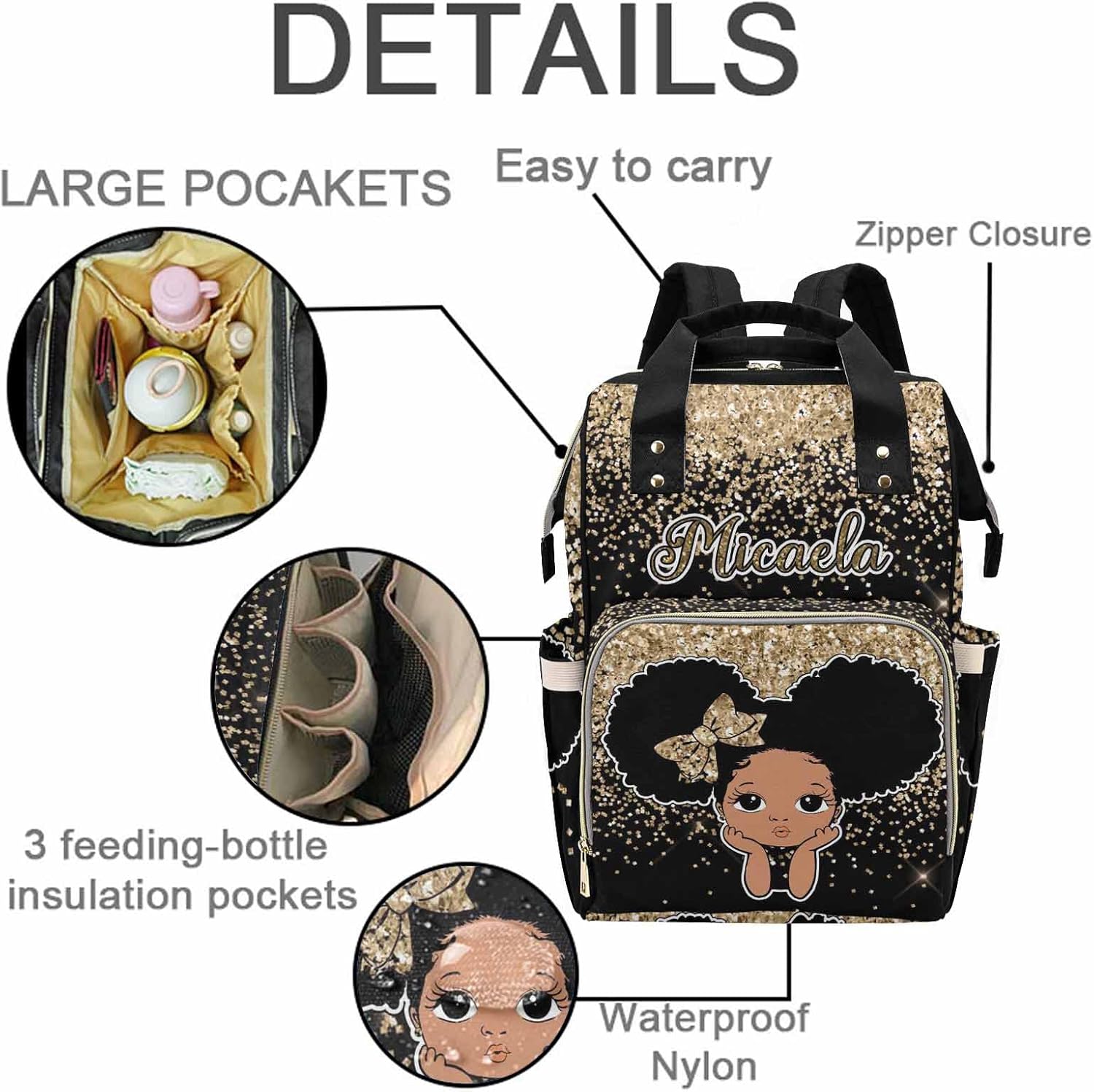 Customized Golden Glitter Diaper Bag with Name for Girl Boy, Personalized African Princess Mommy Nursing Daypack with Large Capacity for Travel Waterproof Nylon Backpack for Womens Birthday Gift
