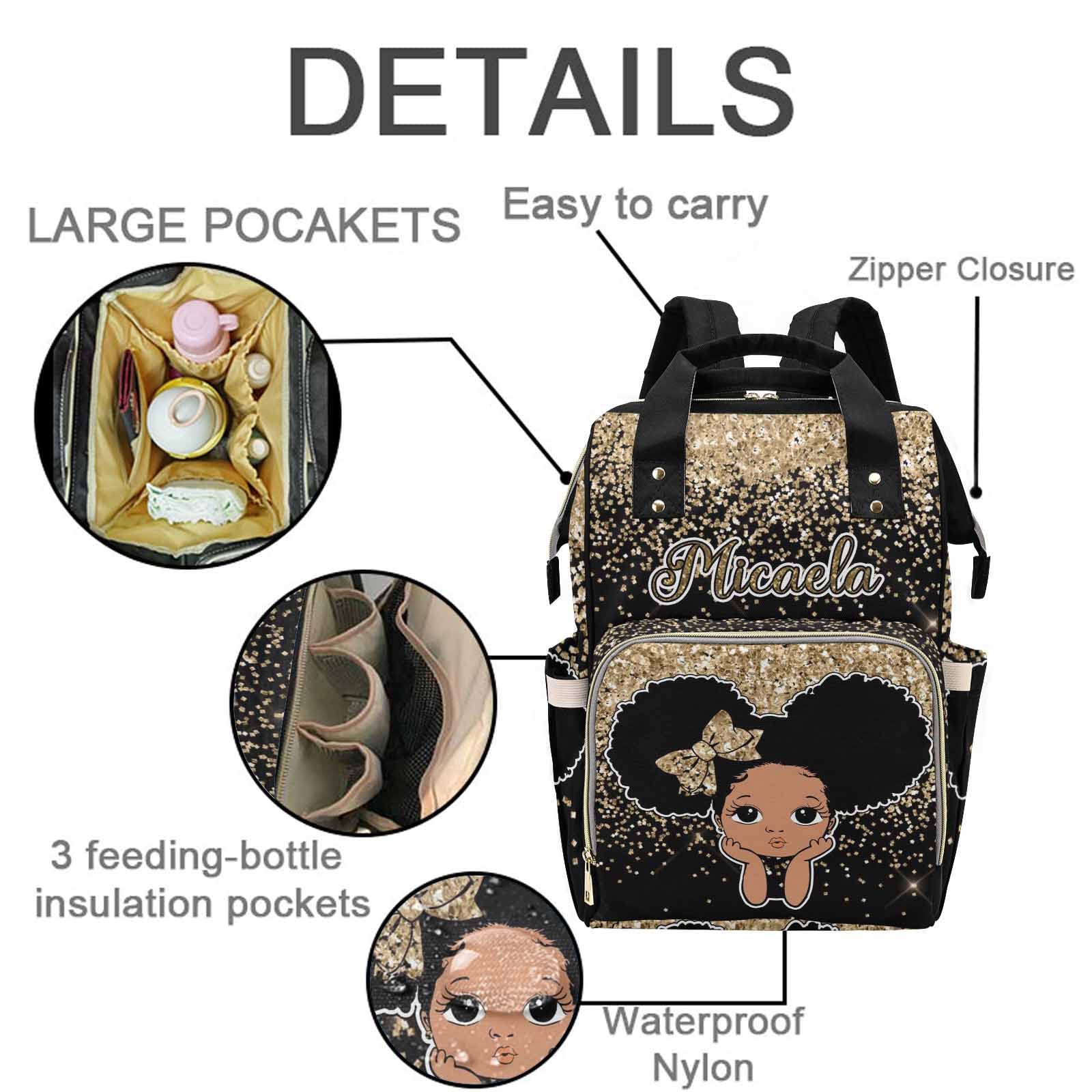 Customized Golden Glitter Diaper Bag with Name for Girl Boy, Personalized African Princess Mommy Nursing Daypack with Large Capacity for Travel Waterproof Nylon Backpack for Womens Birthday Gift