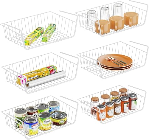 Veckle Cesta para debajo del estante, paquete de 6 organizadores de despensa y almacenamiento duraderos debajo del gabinete, despensa, lavandería,