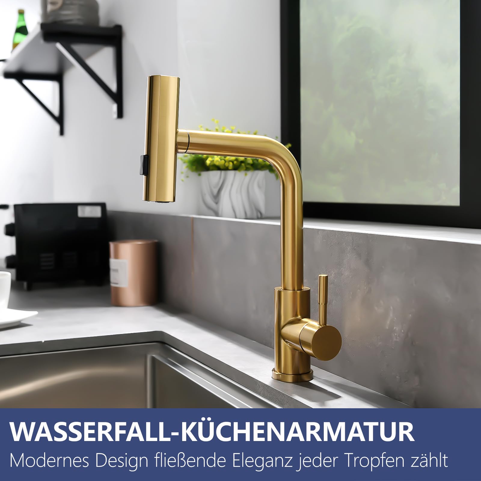 AIMADI Küchenarmatur ausziehbar golden, Wasserhahn Küche mit 3-Wege-Duschbrause & 38cm Schlauch, Einhebelmischer für Kalt- und Warmwasser, Armatur Küche für Spüle & Kücheninsel