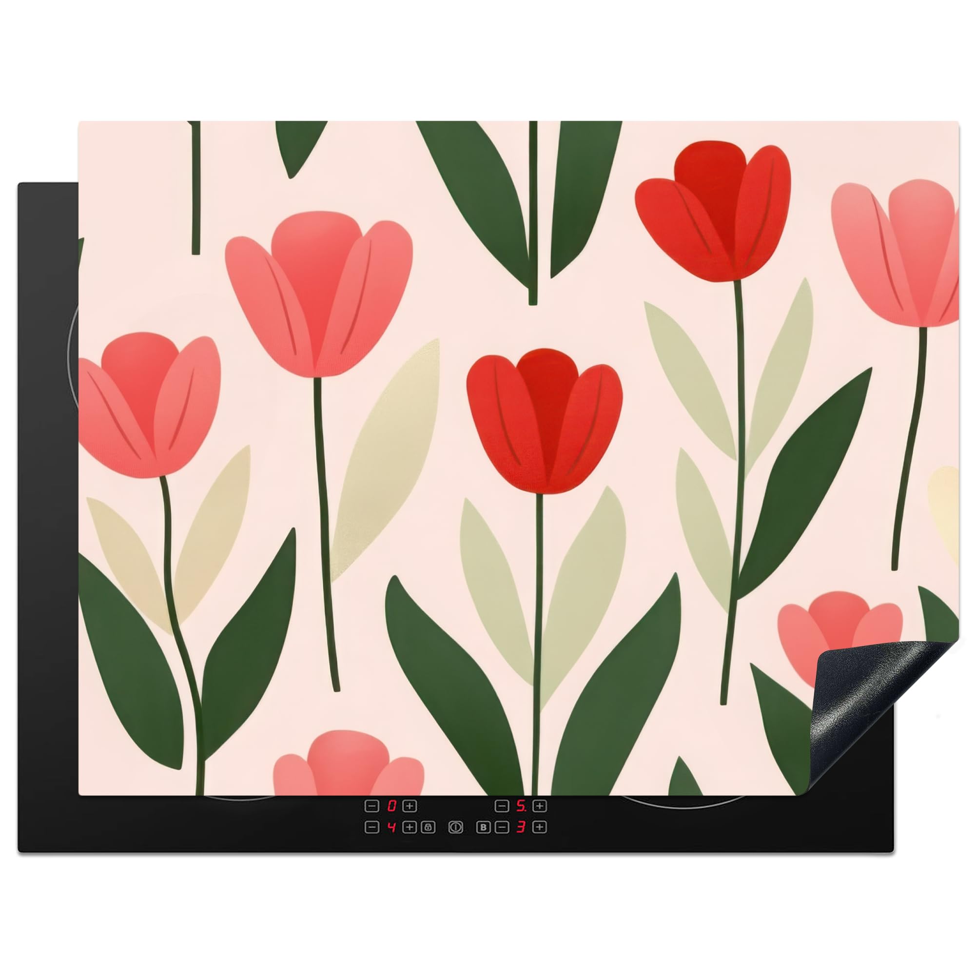 KitchenYeah© Induction Hob Protector Mat 23.2"x30.3" / 77x59 cm Stove Cap Top Cover Kitchen Cooker Covers for Electric Hobs Vinyl Tulips - Modern - Pink