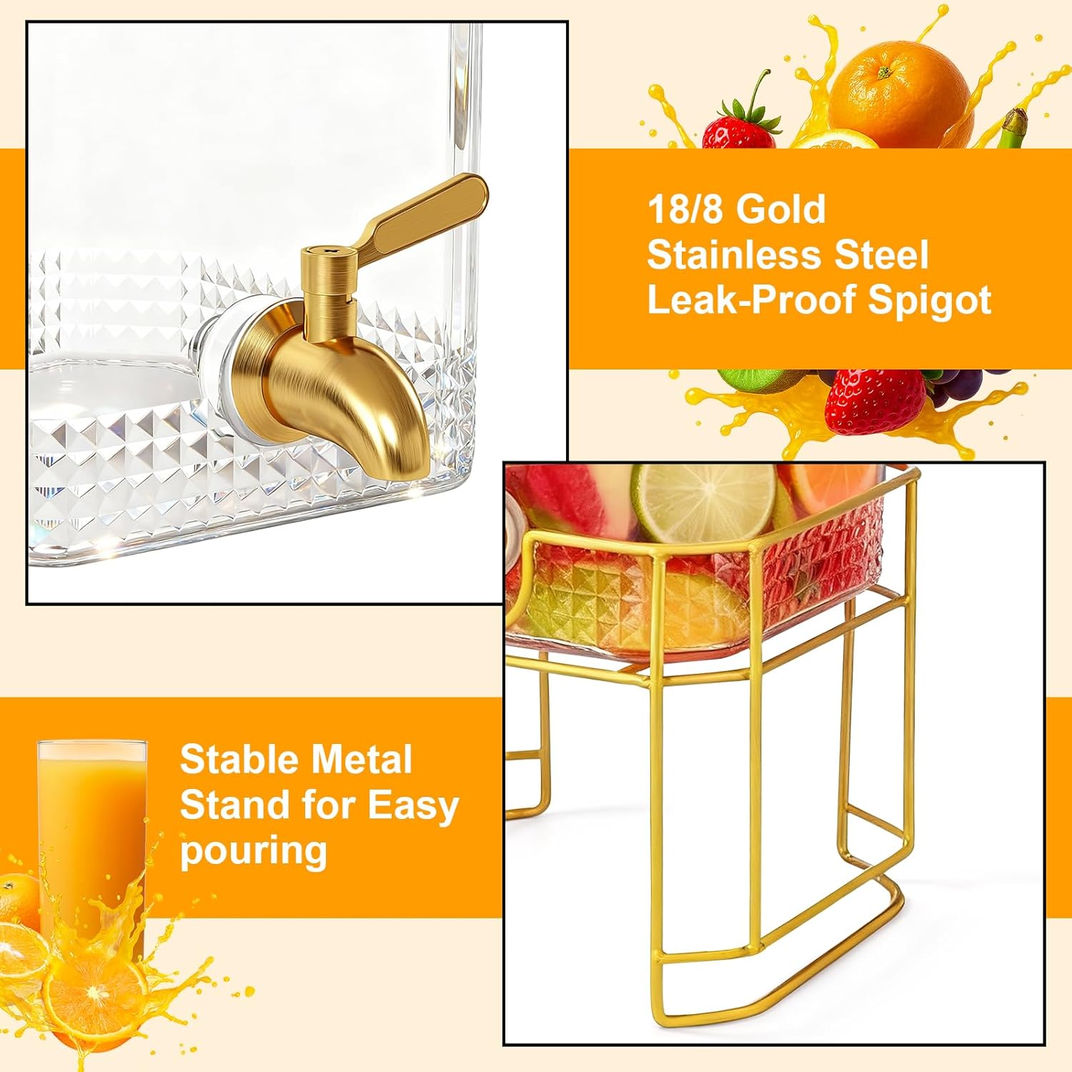 Drink Dispenser for Parties with Stand – 2 Gallon Beverage Dispenser with 18/8 Gold Stainless Steel Leak-Proof Spigot and Glass Lid, Ideal for Tea, Juice, Lemonade, and Party Drinks