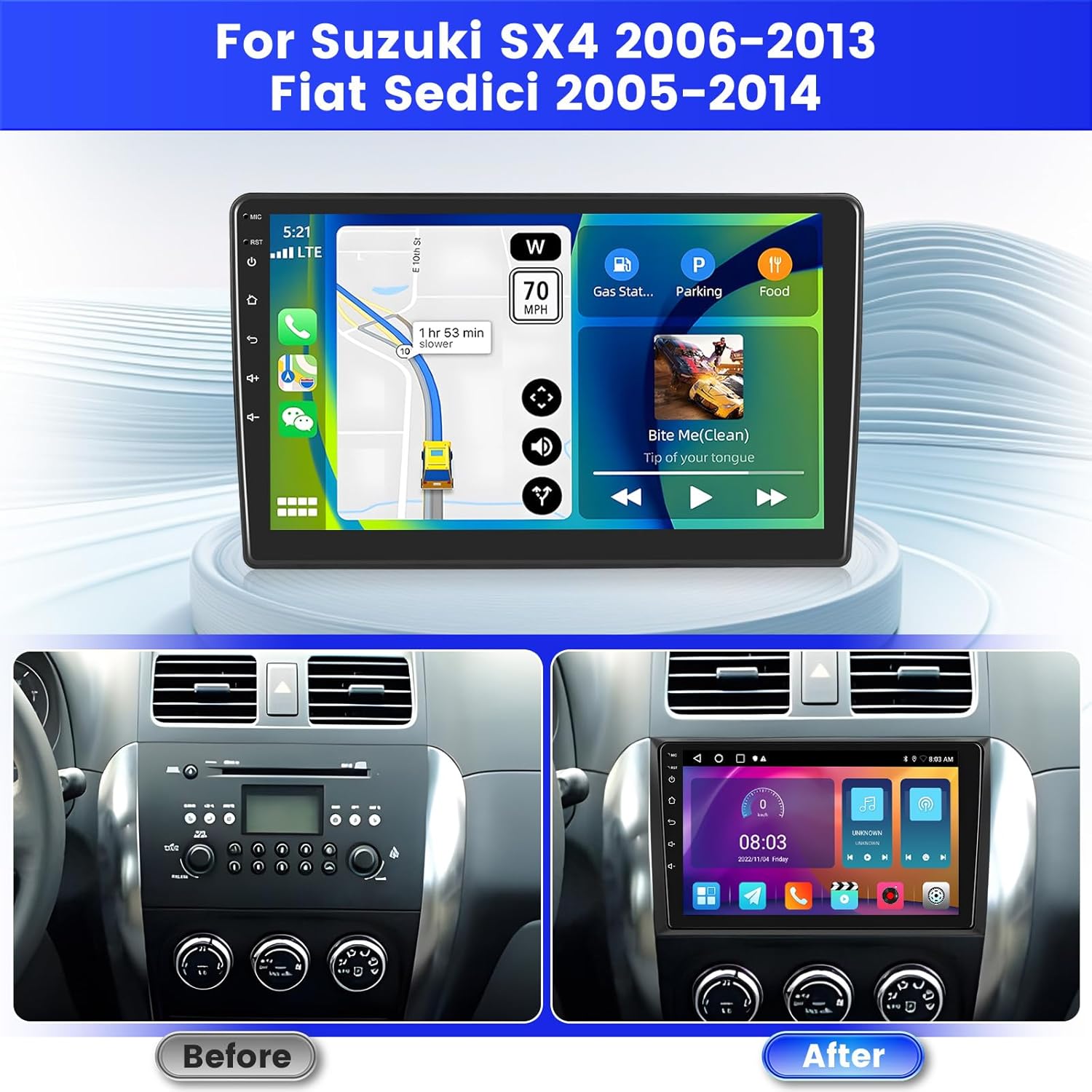 Inefala Android Car Stereo installed in a Suzuki SX4 dashboard, showing before and after views.