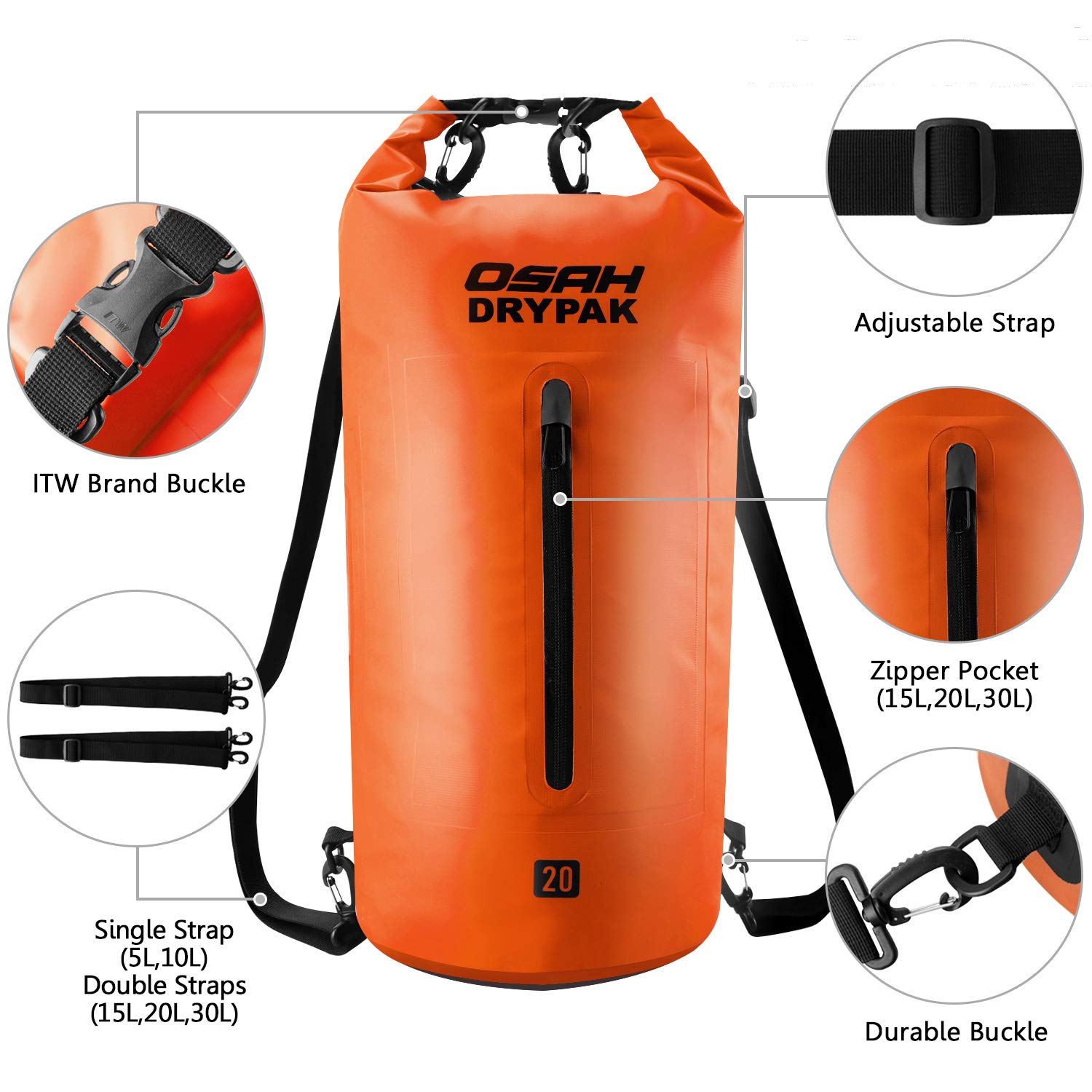OSAH DRYPAK Borse Impermeabile Sacca Dry Bag 5L 10L 15L 20L 30L con Tracolla Regolabile per Spiaggia Sport d'Acqua Trekking Kayak Canoa Pesca Rafting Nuoto Campeggio