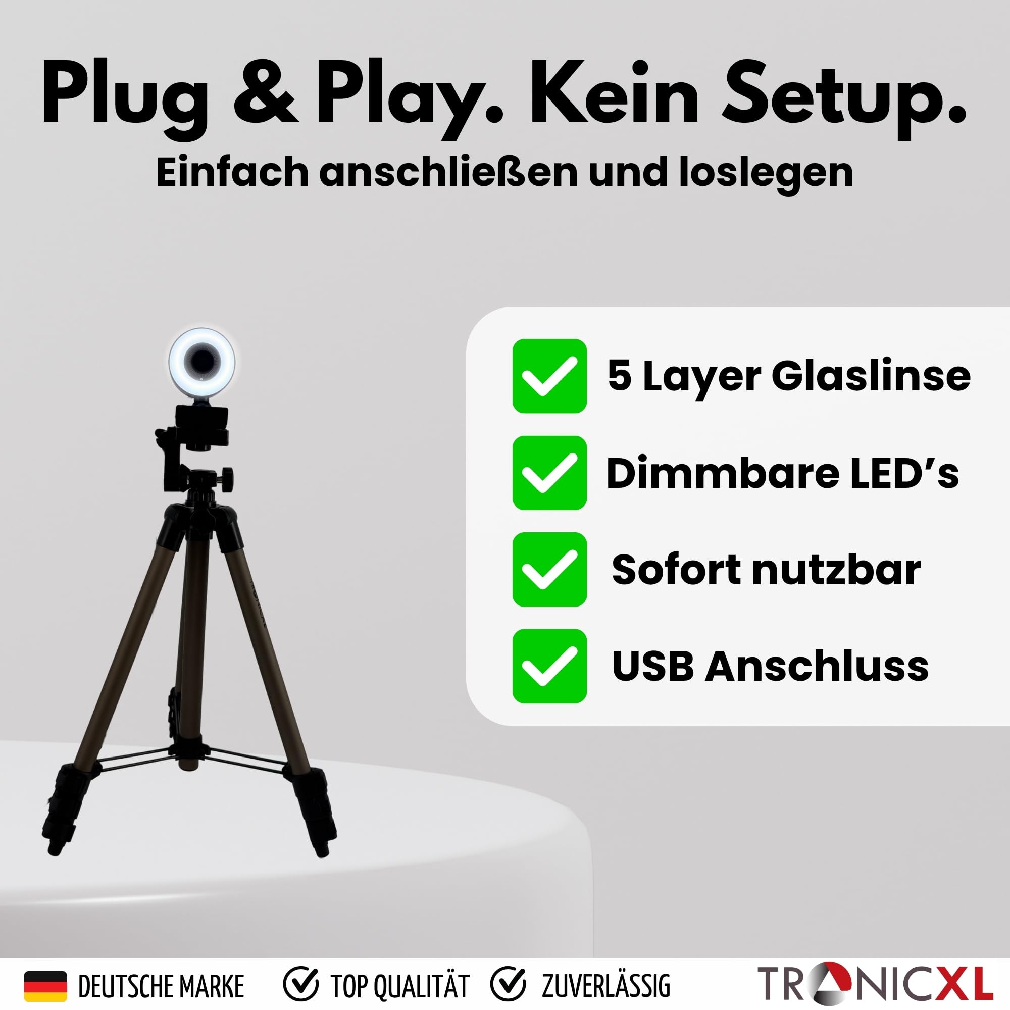 TronicXL Webcam con enfoque automático con lámpara de anillo + trípode de 113 cm Full HD 1920 x 1080p I 2 micrófonos estéreo cancelación de ruido fondo I para ordenador PC portátil para Xbox