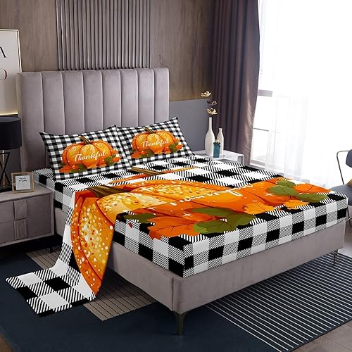 Miniatura 22 de Erosebridal Juego de sábanas de Feliz Acción de Gracias, juego de sábanas de calabaza de otoño, hojas de otoño y otoño, sábana superior