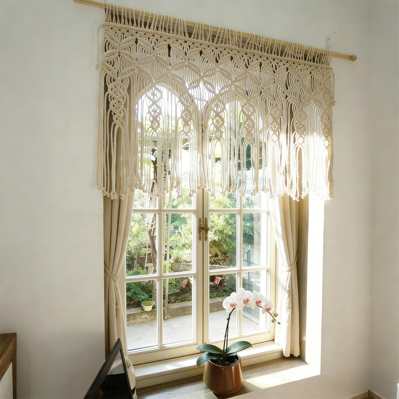 Cortina de macramé para puerta, divisor de habitación bohemio con tapiz tejido, estilo nórdico, cortinas de cuerda de algodón para decoración del hogar, 95 x 55 cm