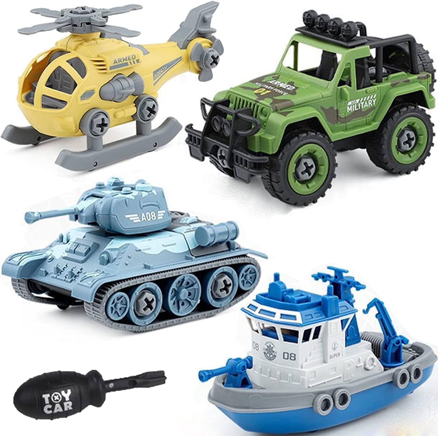 Cable World® Military Army Foldable Vehicles Car Toy 4 Pack with Screwdriver Toy, DIY Kids STEM Toys Including Helicopter,Jeep,Tank and Boat for Toddlers Birthday Gifts for Boys 2 3 4 5 6 Year
