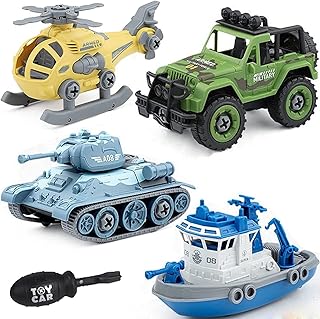 TEC TAVAKKAL DIY STEM Educational Army Vehicle Set - 4 Pack (Helicopter, Jeep, Tank, Boat) for Boys Aged 3-6