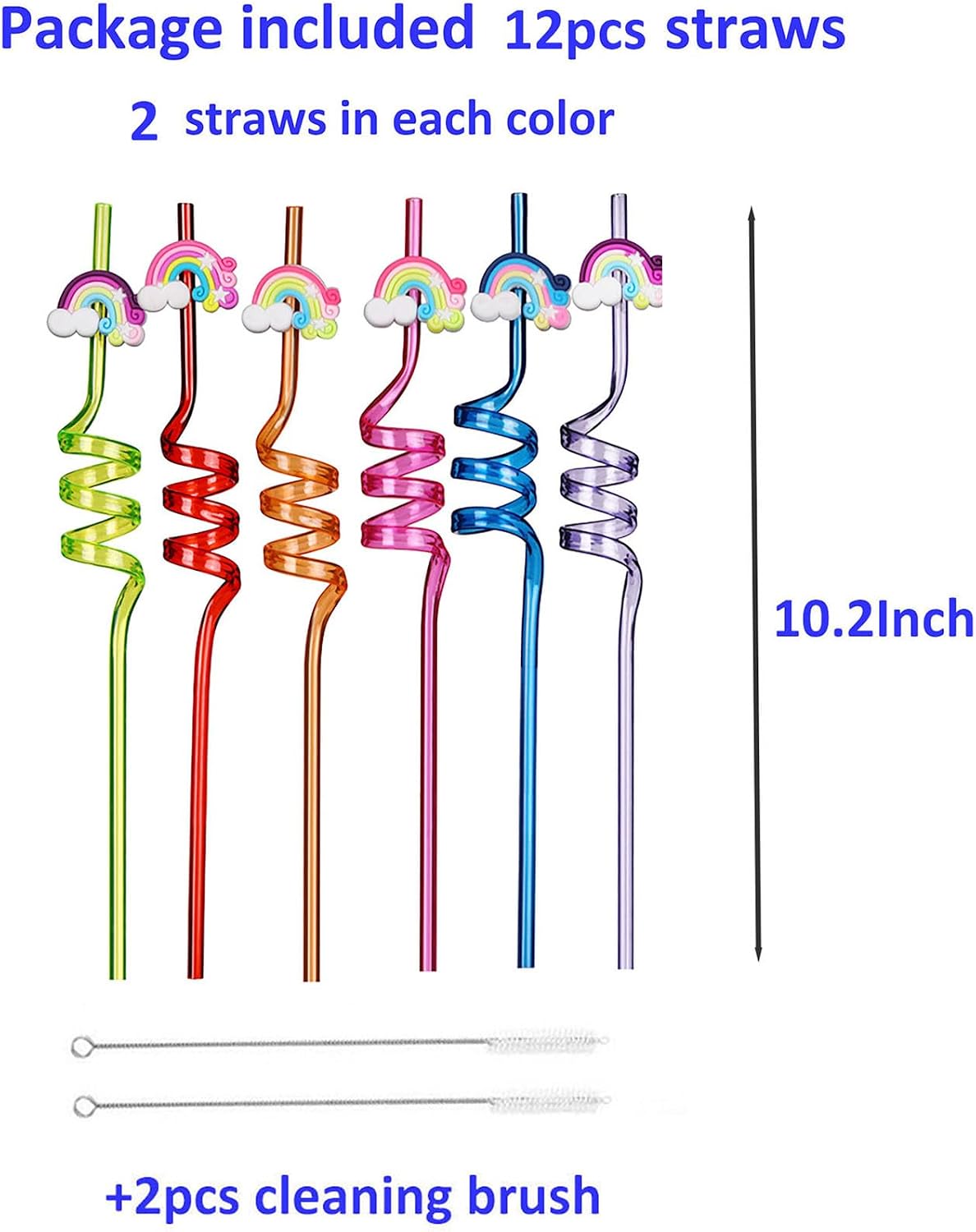 12pcs (6 Styles) Drinking Plastic Straws Reusable Farm Rainbow Design Reusable Straws with 2 Brushes for Kids Birthday Pool Underwater Party Decorations Gift (Rainbow Design 12pcs) image 2