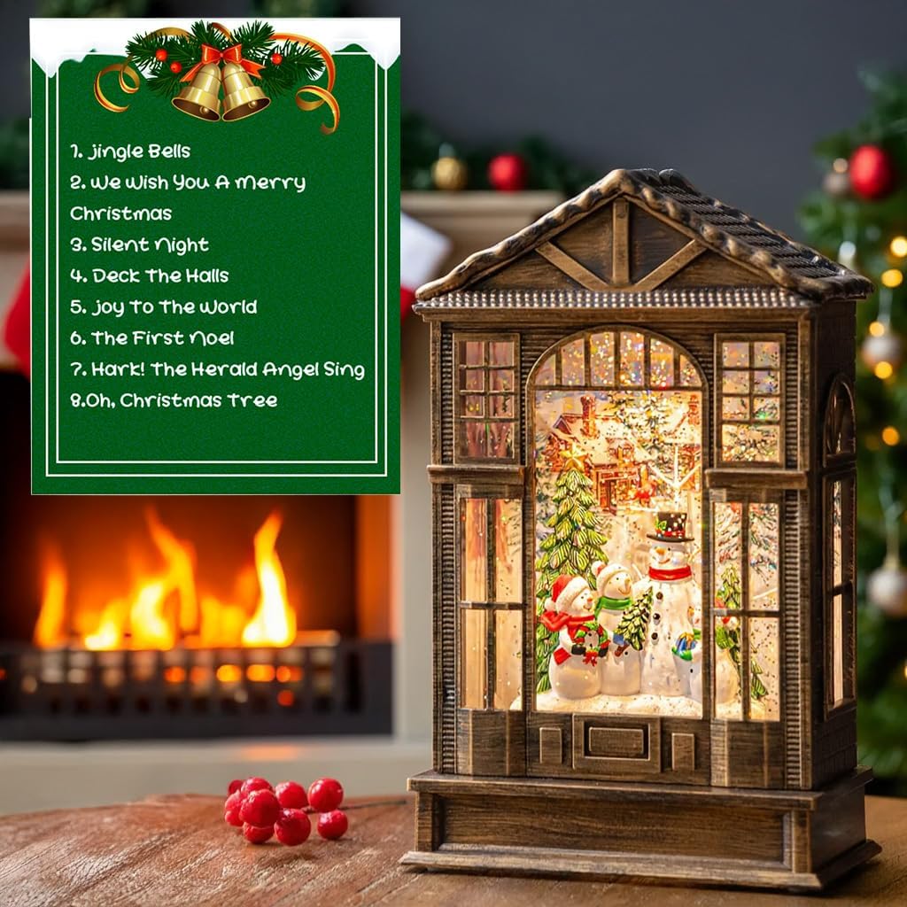 Christmas Snow Globe Lantern, Snowman Choir Musical Glowing Snow Globes, Indoor Home Christmas Decor, Battery or USB Powered, with 6-Hour Timer, Holiday Decor Gift Christmas Lantern