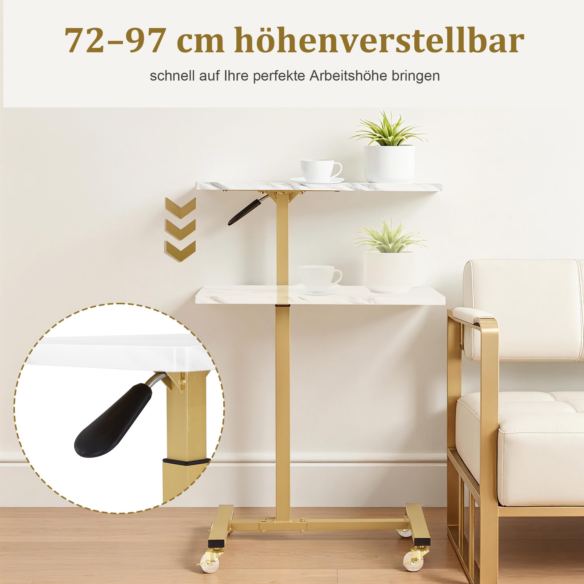 Barberpub Beistelltisch mit Rollen Höhenverstellbar Salon-Tablettwagen Gold C Form Friseurwagen 40x60x72/97cm Weiß-Gold