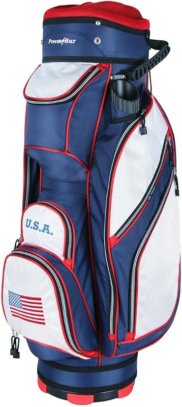 Powerbilt TPS 5400 USA Flag Golf Cart Bag | 14 Way Divider Top, 6 Zippered Pockets, Insulated Hydration Bottle Compartment